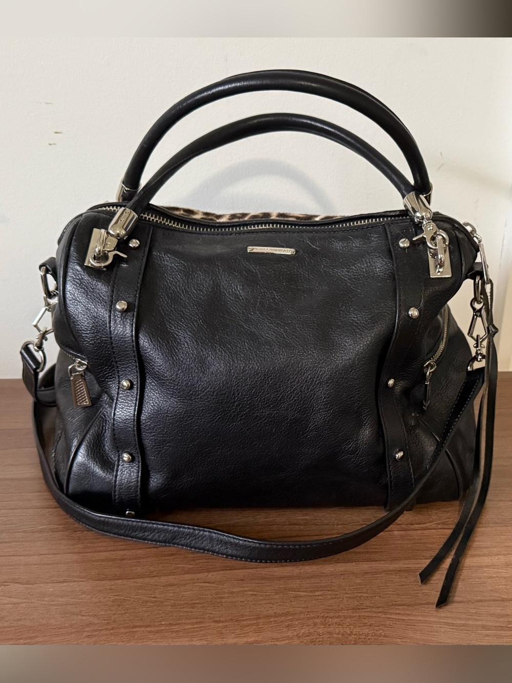 RARE Rebecca Minkoff Snow Leopard Calf Hair & Leather Cupid Satchel Black Brown - Picture 2 of 7